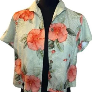 Havana Jack’s Cafe Floral Beachy Green & Orange Tropical Blouse, Petite Medium